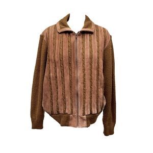 Vintage Repage Genuine Leather & Knit Brown Bomber Jacket - XL